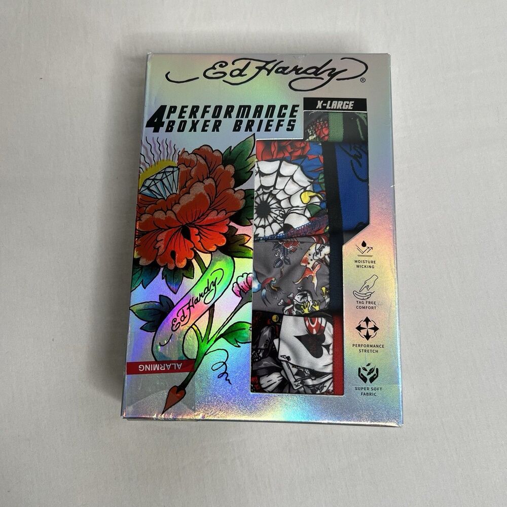 Ed Hardy 4 Pack Performance Boxer Briefs Mens Size XL Multicolor Graphic NEW